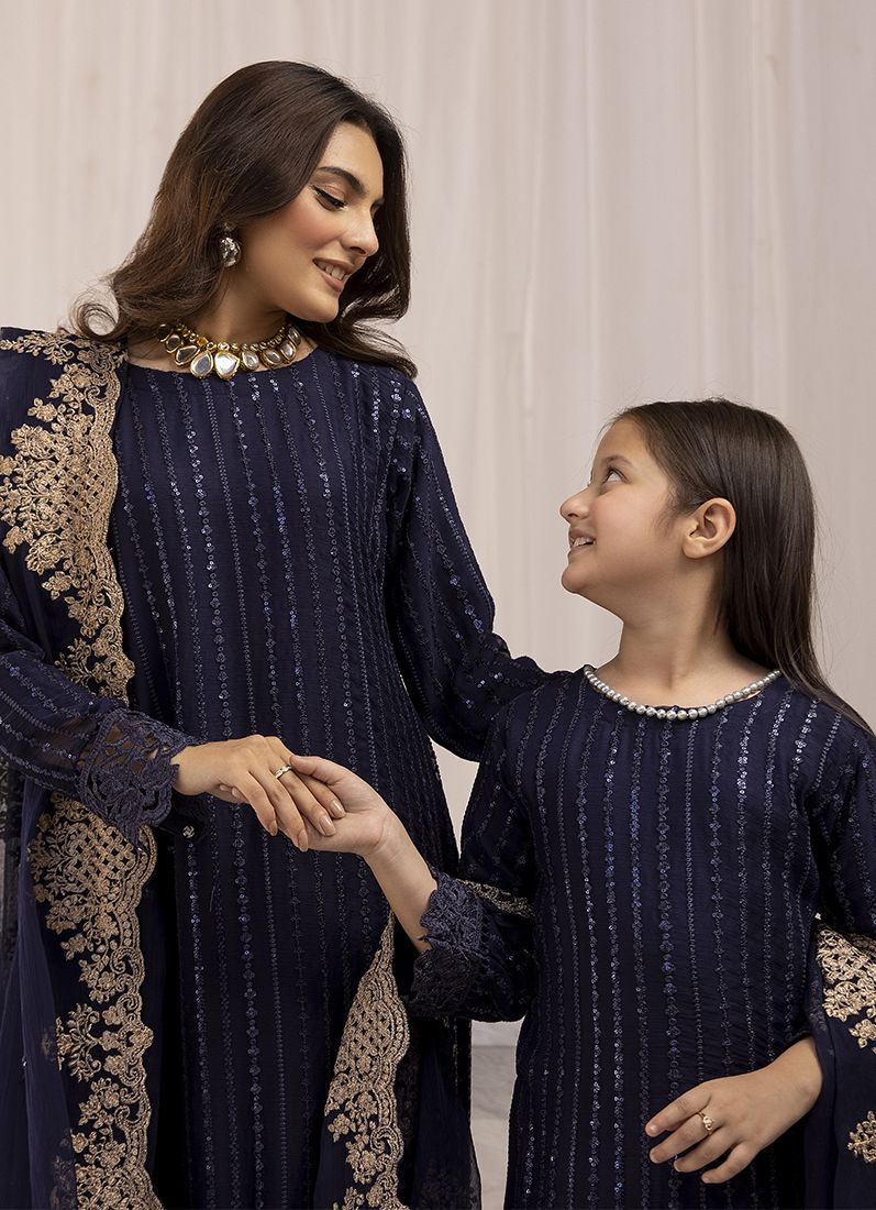Buy Kid's Midnight Blue Chiffon Embroidered Straight Suit Set