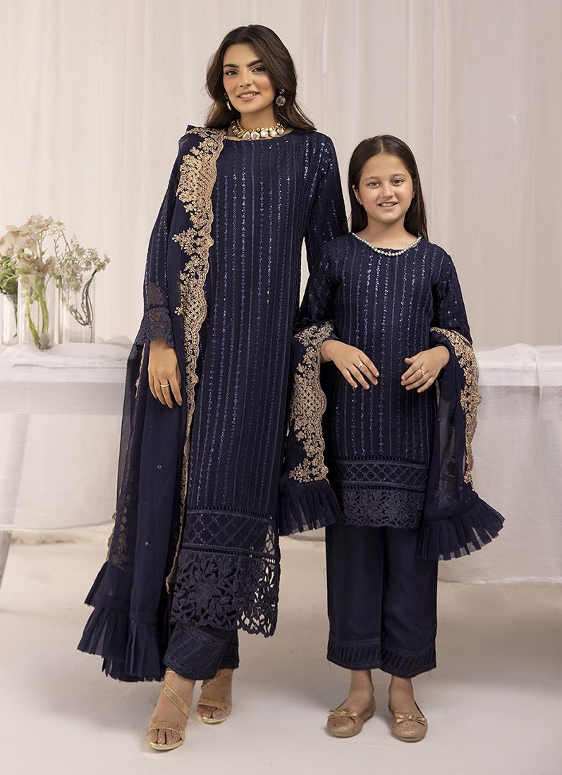 Buy Kid's Midnight Blue Chiffon Embroidered Straight Suit Set