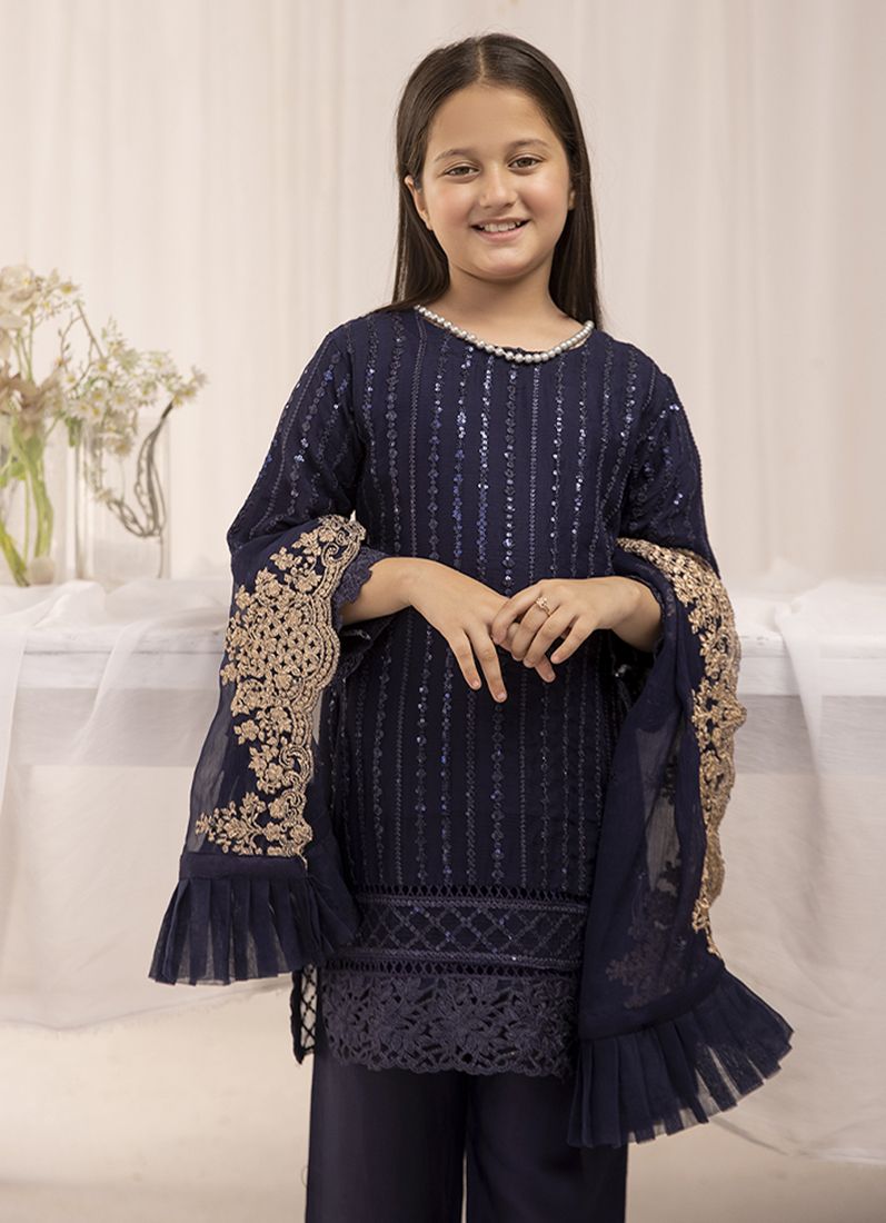 Buy Kid's Midnight Blue Chiffon Embroidered Straight Suit Set