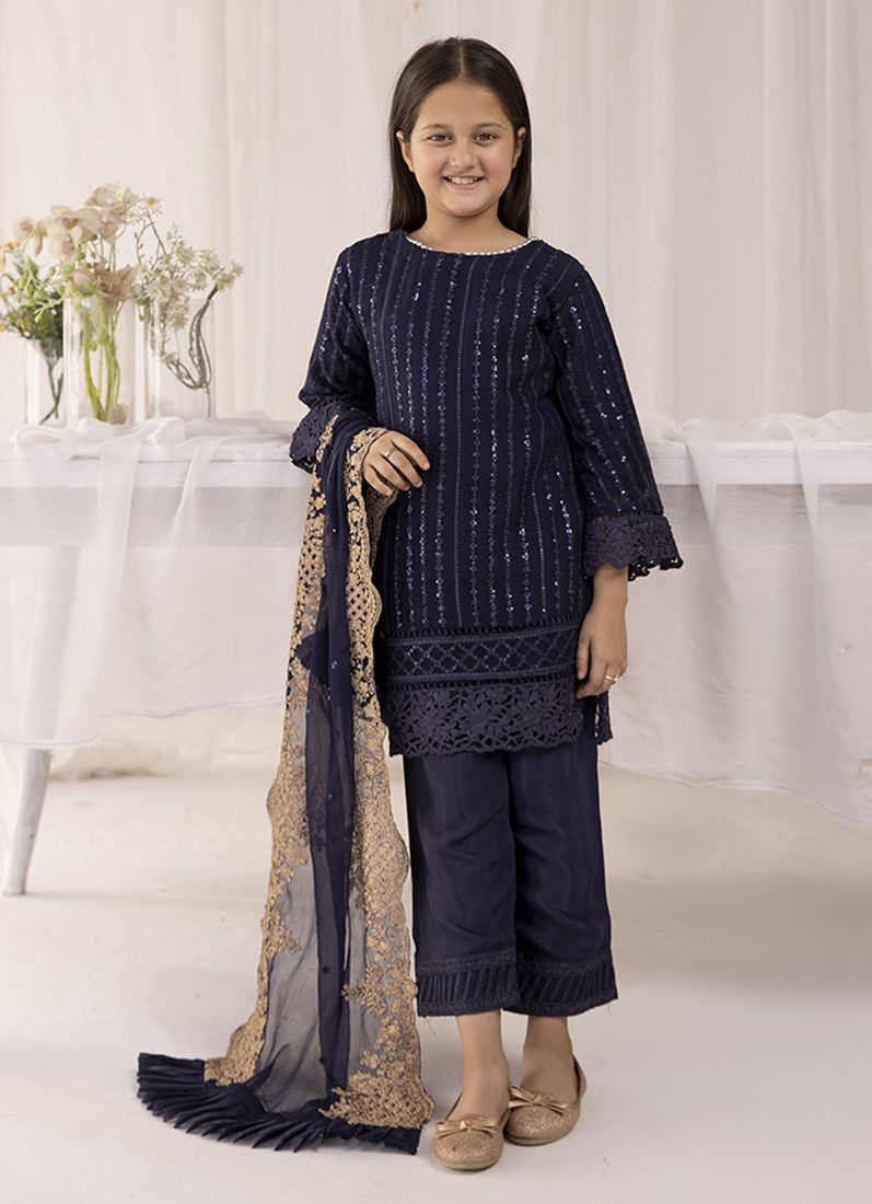 Buy Kid's Midnight Blue Chiffon Embroidered Straight Suit Set
