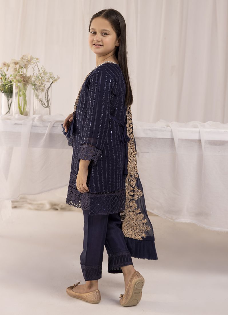 Buy Kid's Midnight Blue Chiffon Embroidered Straight Suit Set