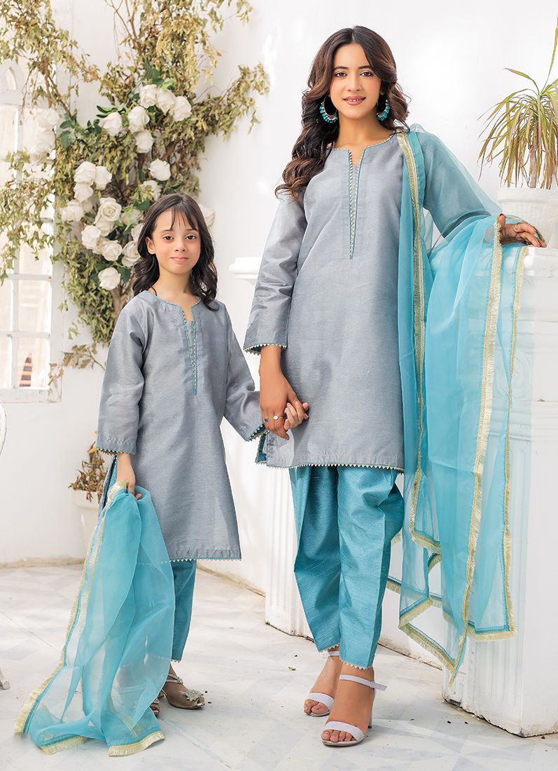 Buy Kid's Grey-Blue Raw Silk Suit Set