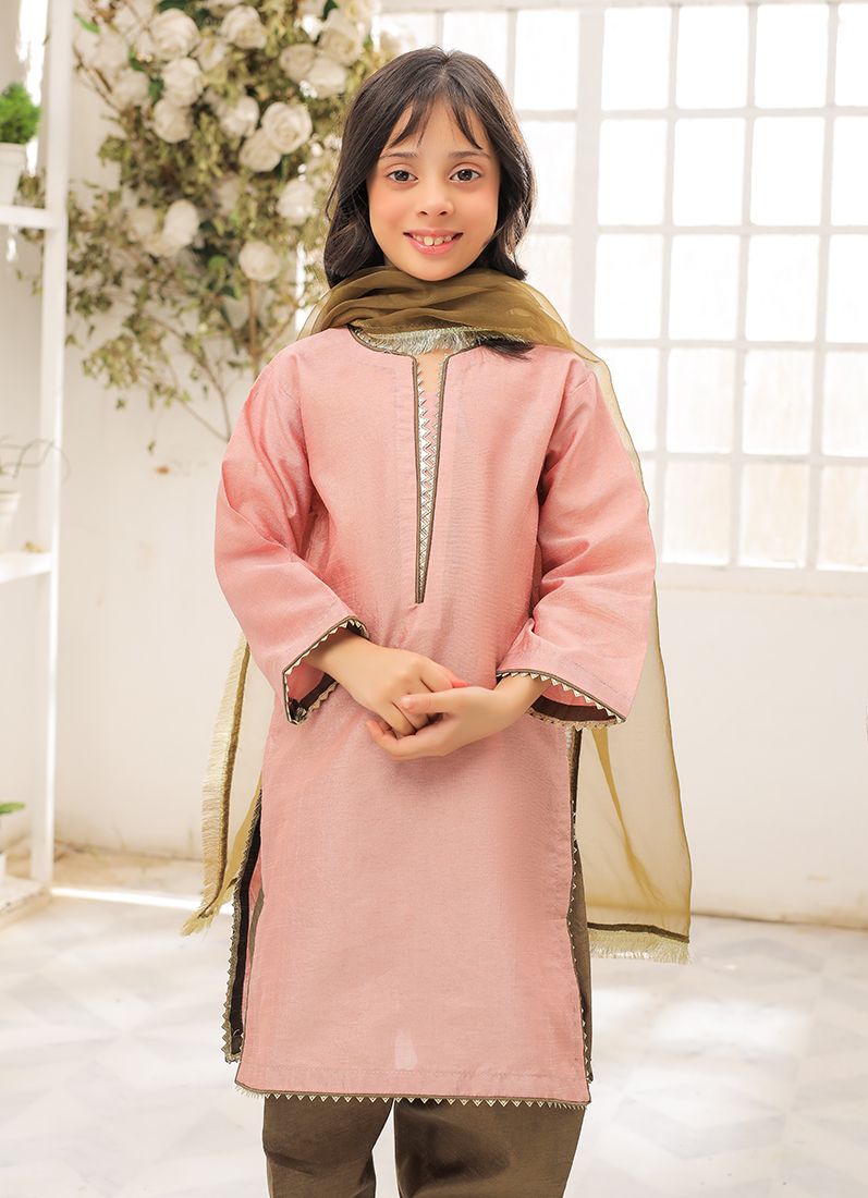 Buy Kid's Pink-Mehendi Raw Silk Suit Set