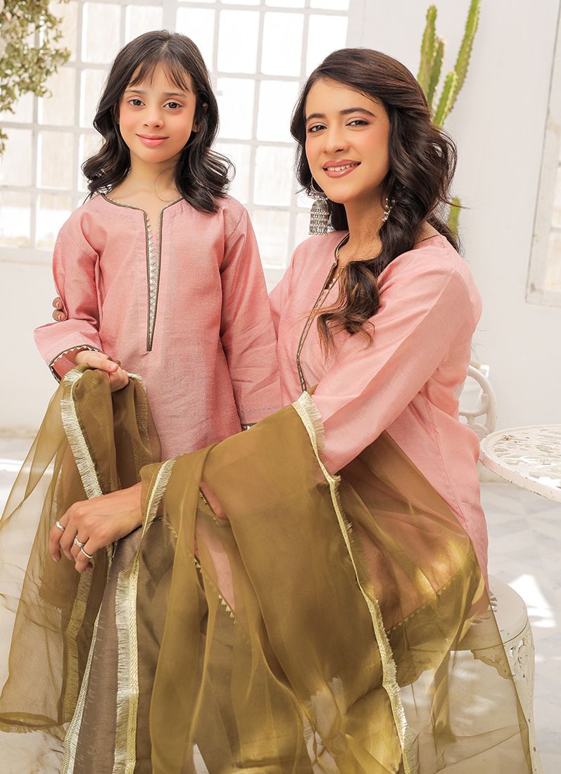 Buy Kid's Pink-Mehendi Raw Silk Suit Set
