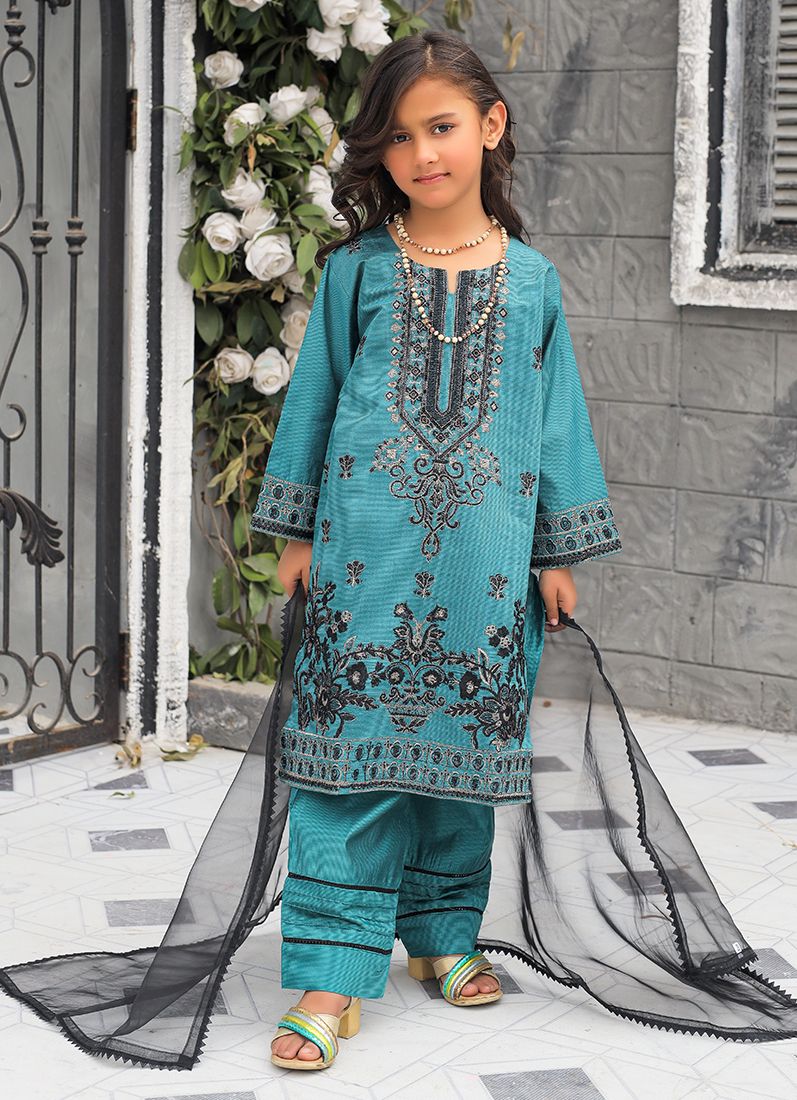 Buy Teal Blue All Over Embroidered Suit Set