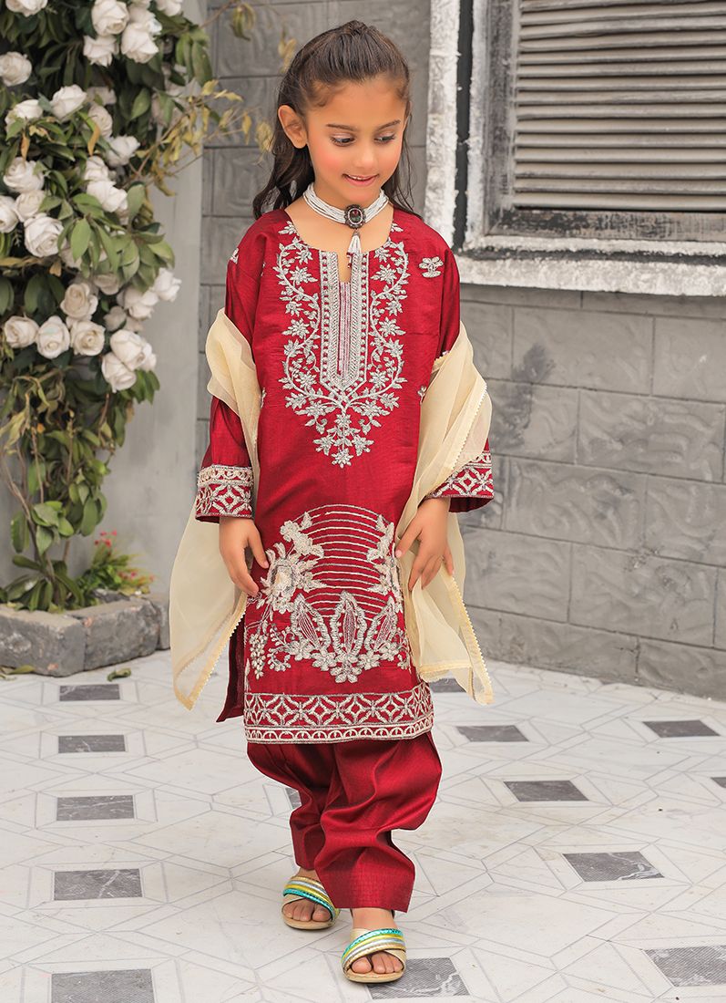 Buy Maroon All Over Embroidered Suit Set