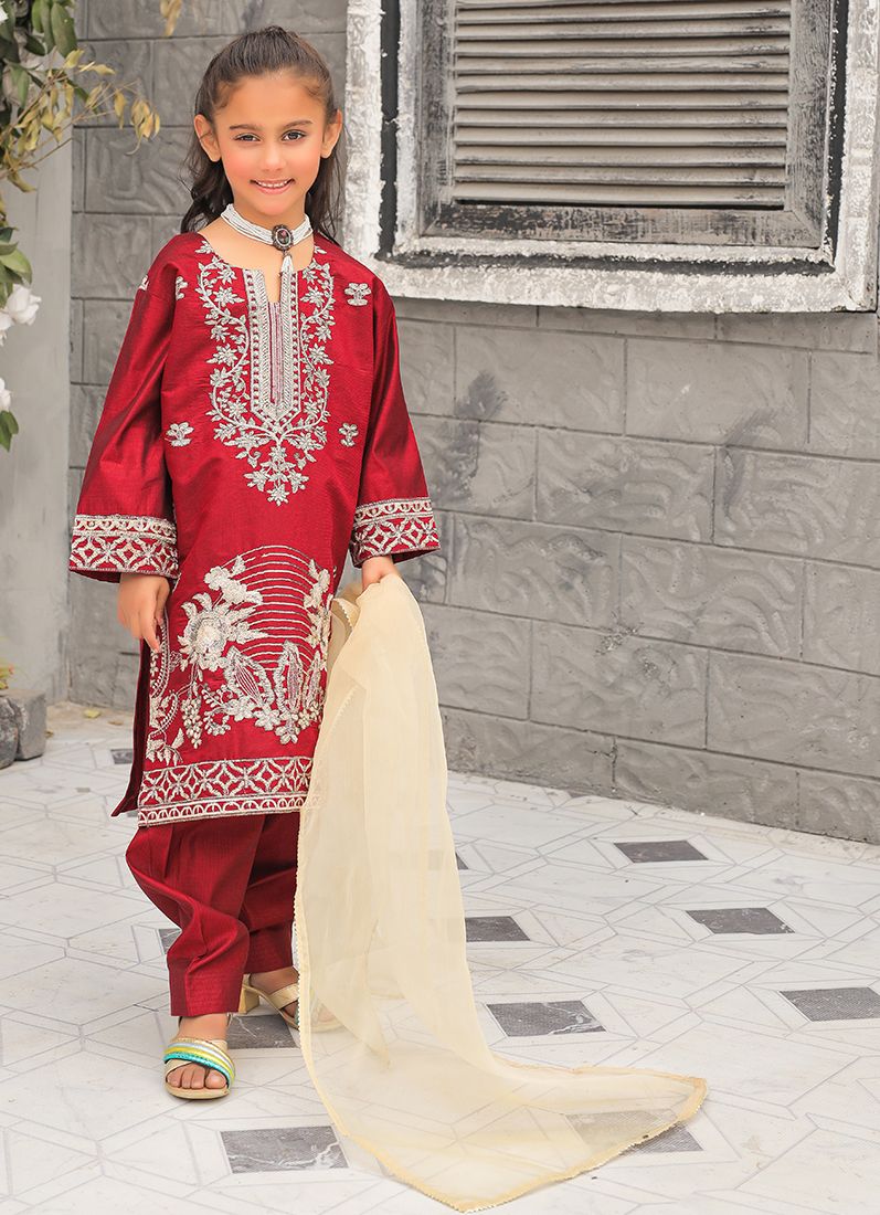 Buy Maroon All Over Embroidered Suit Set