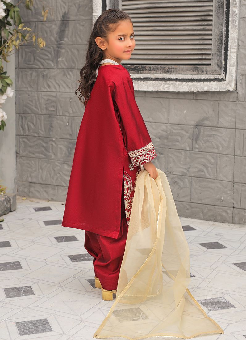 Buy Maroon All Over Embroidered Suit Set