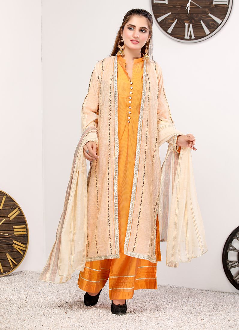 Buy Orange Khadi Cotton Jacket Ladies Suit