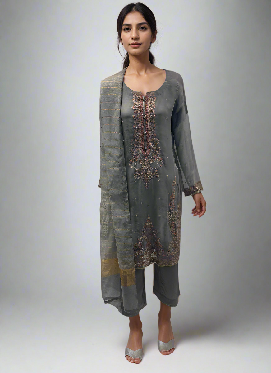 Grey Chiffon Trouser Set