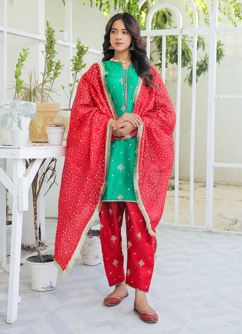 Buy Green Red Raw Silk Suit Set