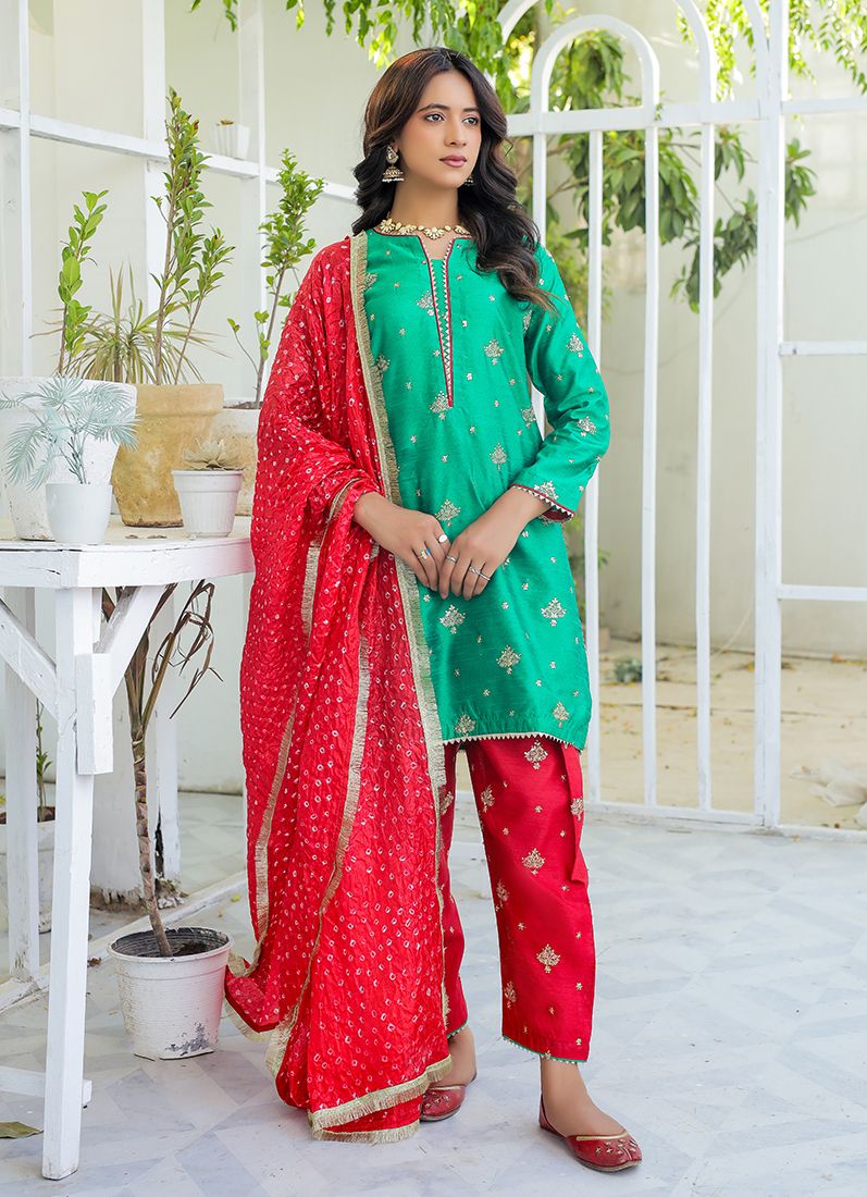 Buy Green Red Raw Silk Suit Set