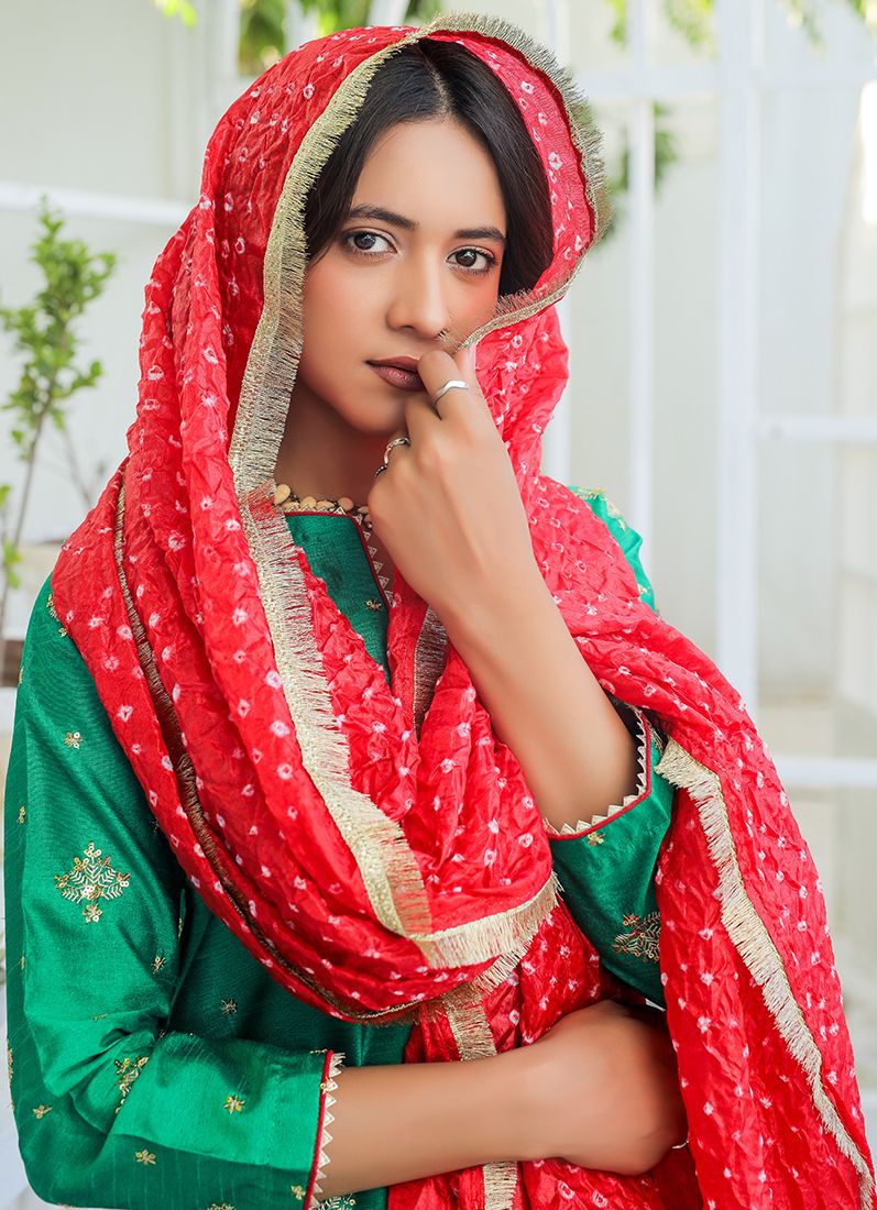 Buy Green Red Raw Silk Suit Set