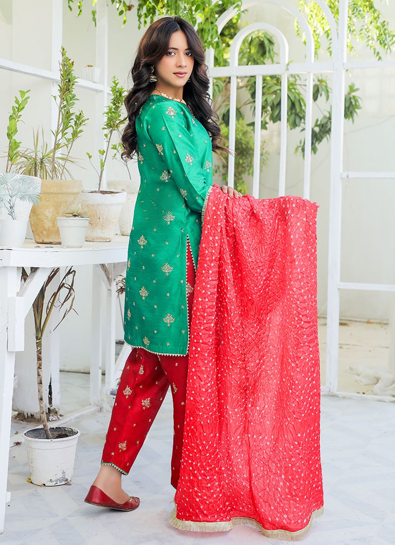 Buy Green Red Raw Silk Suit Set