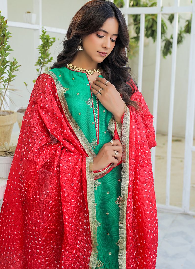 Buy Green Red Raw Silk Suit Set
