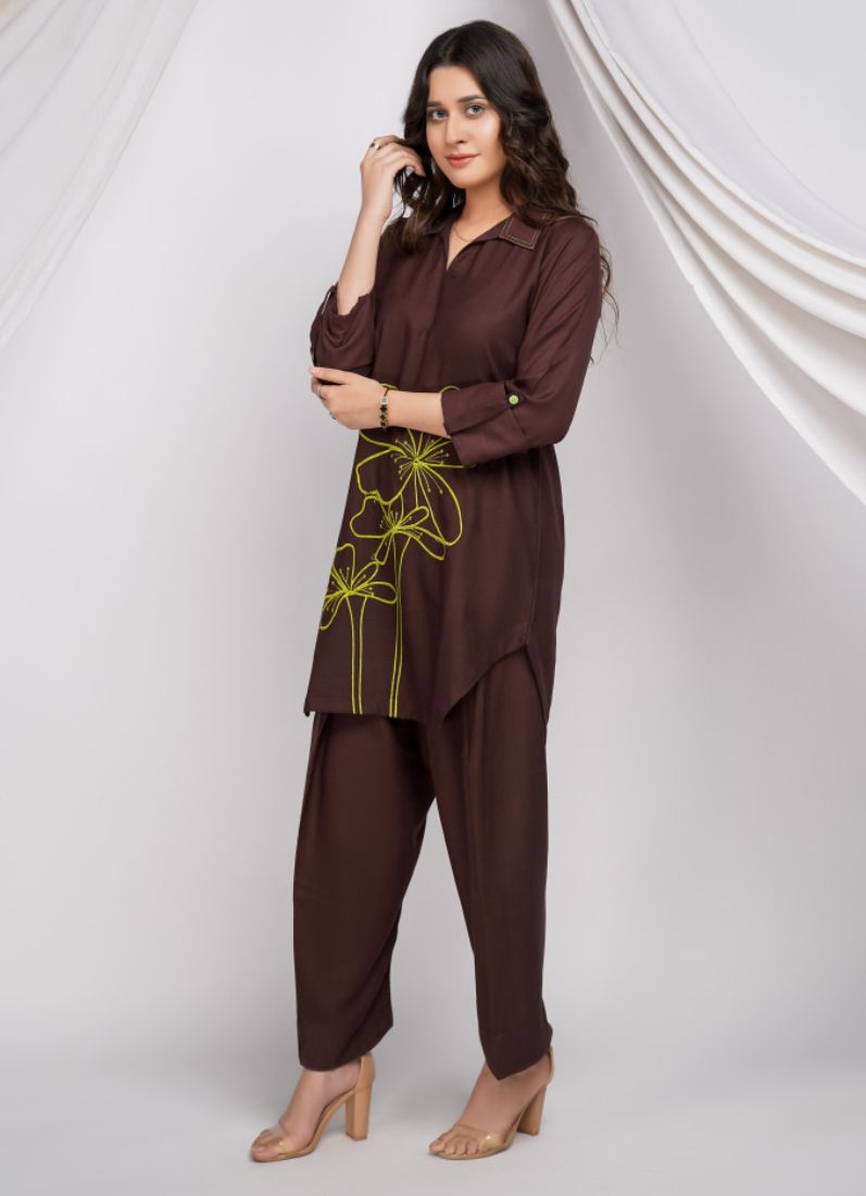 Buy Brown Dhanak Embroidered Co-Ord Set