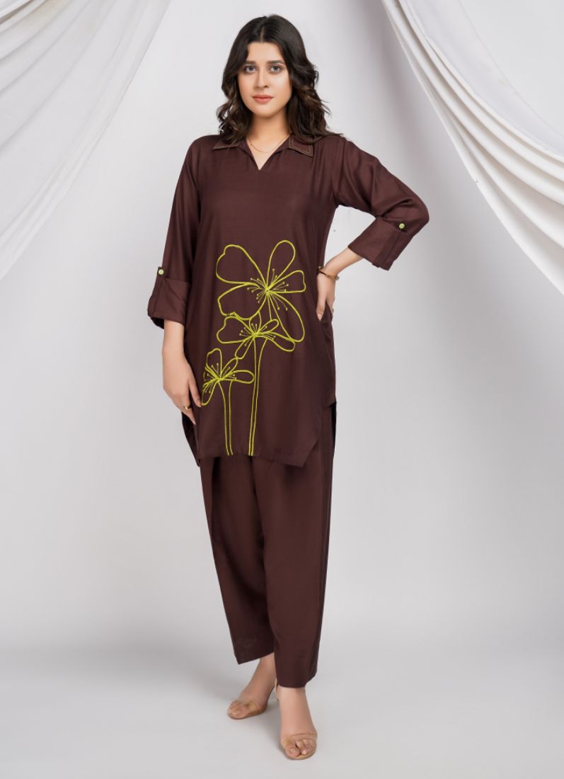 Buy Brown Dhanak Embroidered Co-Ord Set