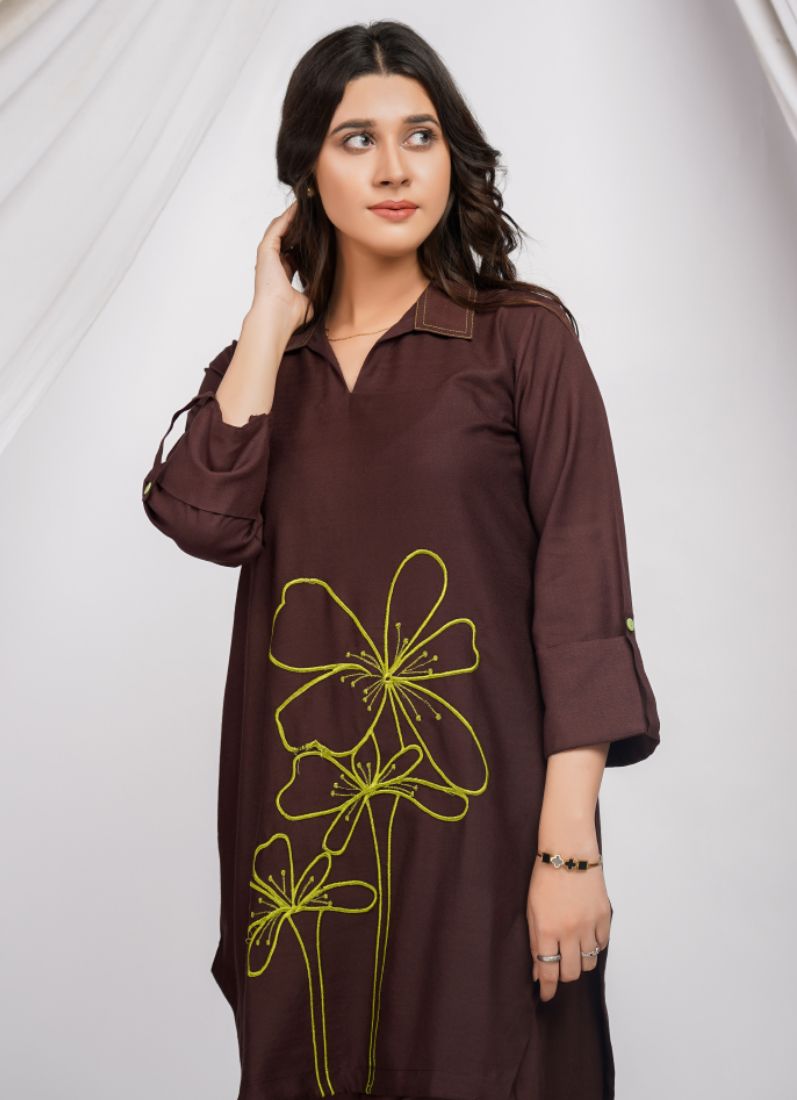 Buy Brown Dhanak Embroidered Co-Ord Set