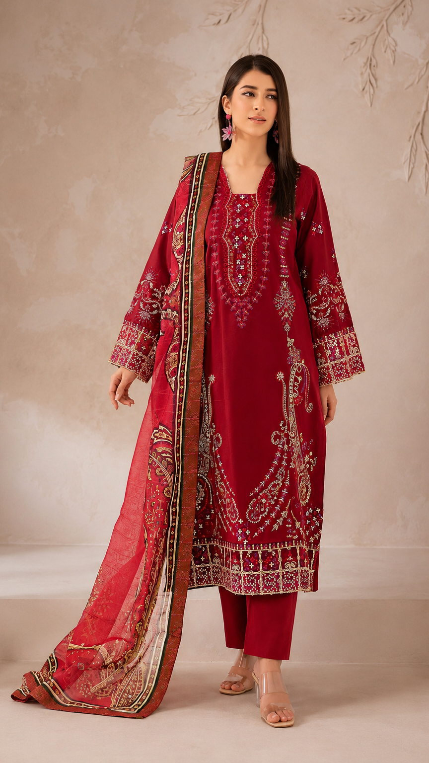 Deep red women’s embroidered salwar kameez suit with matching trousers and printed dupatta, festive Asian ethnic wear by Diya Online