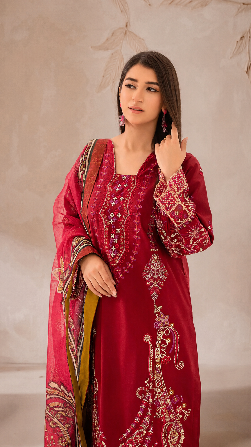 Deep red women’s embroidered salwar kameez suit with matching trousers and printed dupatta, festive Asian ethnic wear by Diya Online