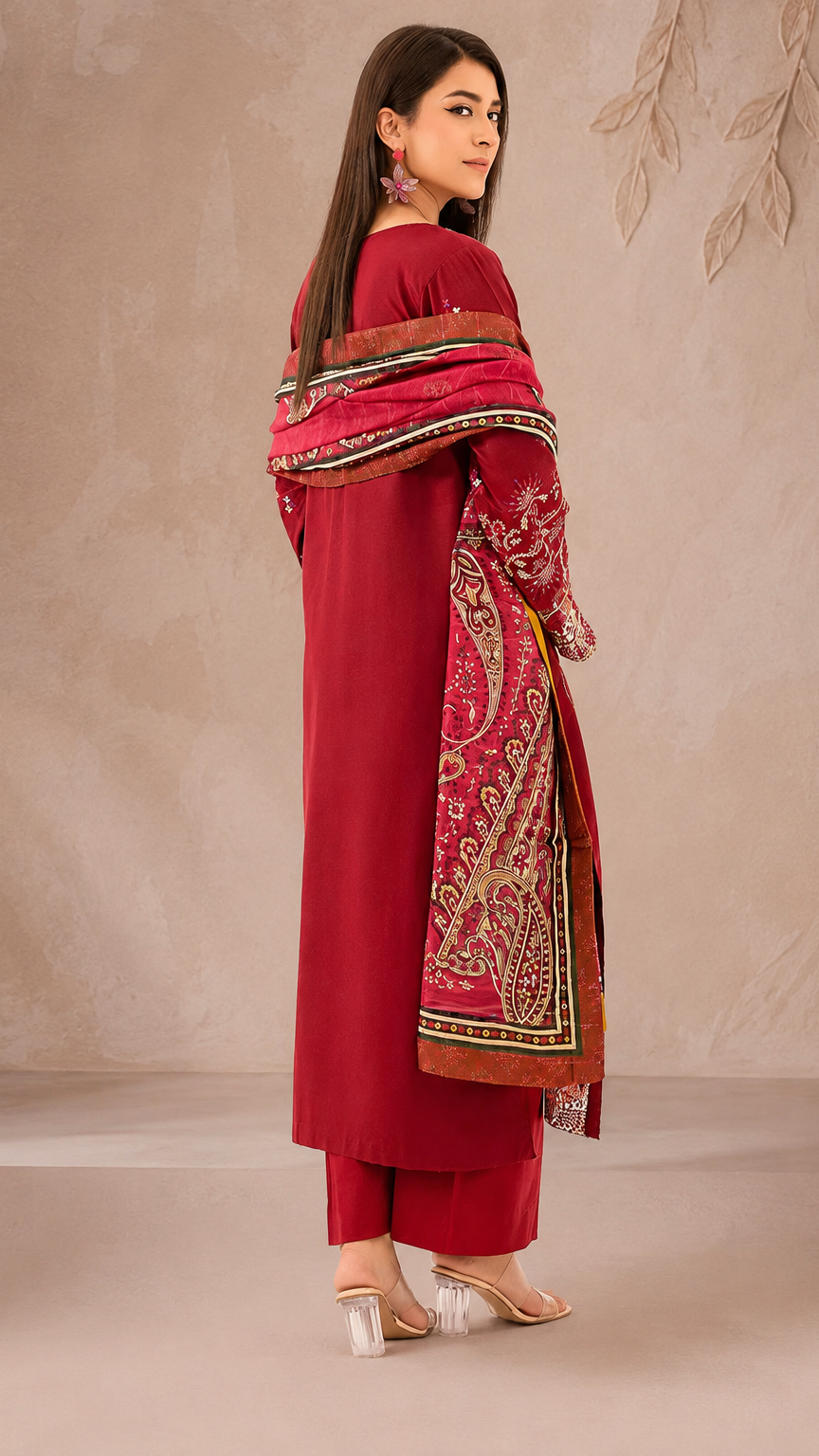 Deep red women’s embroidered salwar kameez suit with matching trousers and printed dupatta, festive Asian ethnic wear by Diya Online