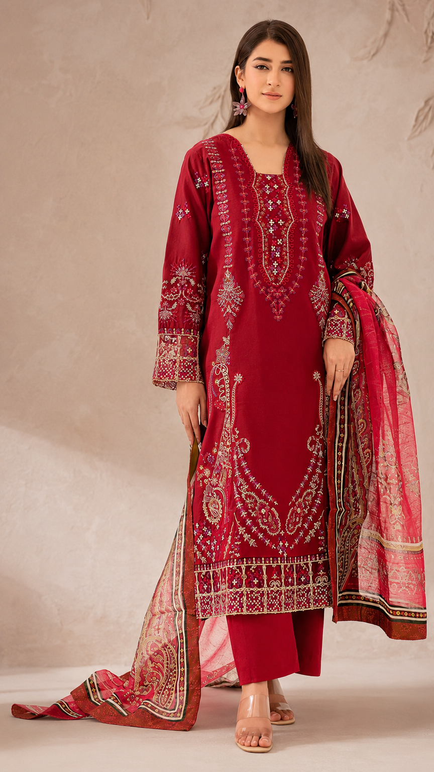 Deep red women’s embroidered salwar kameez suit with matching trousers and printed dupatta, festive Asian ethnic wear by Diya Online