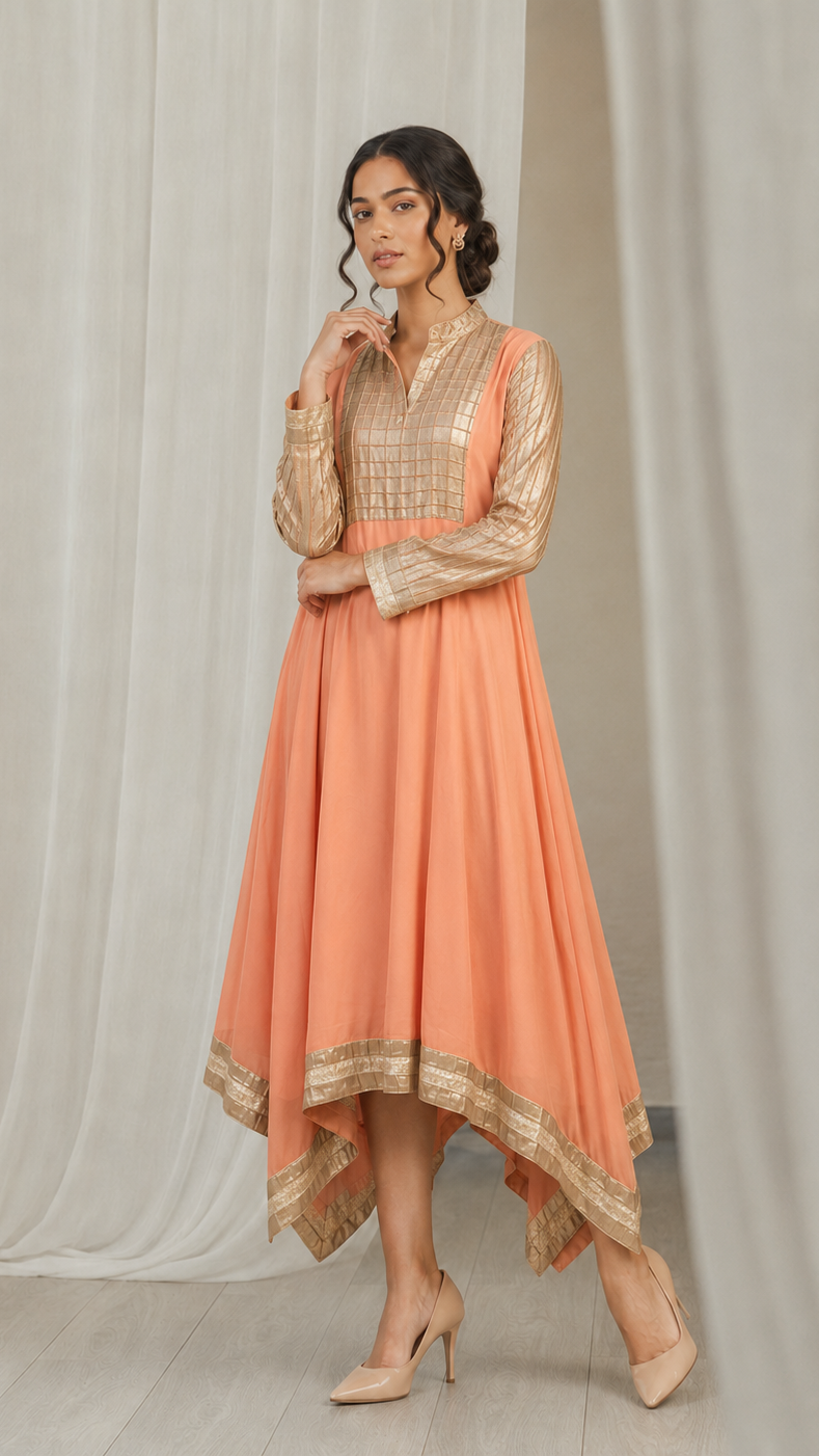 Peach women’s Anarkali kurta dress with gold striped yoke, long sleeves and metallic border hem, elegant Asian ethnic wear by Diya Online