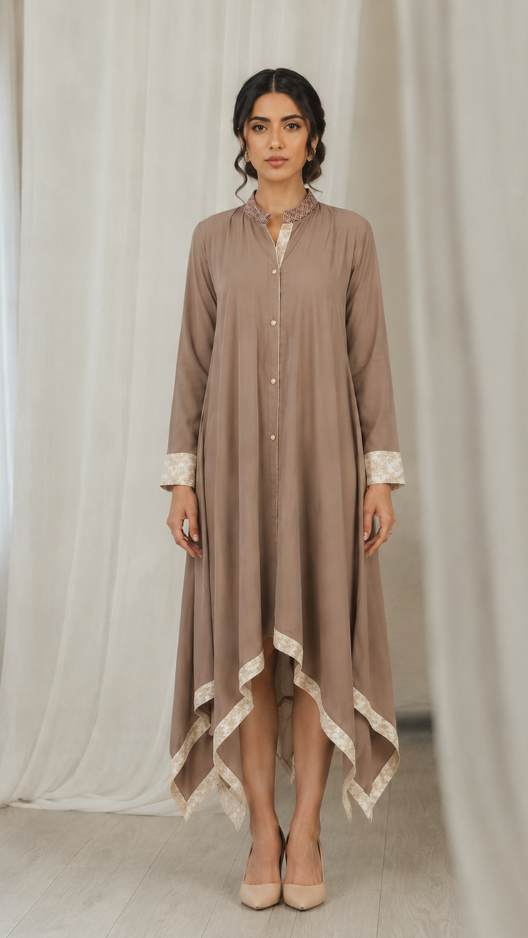 Taupe beige women’s asymmetrical kurta dress with mandarin collar, gold buttons and contrast cream border, modest Asian ethnic wear by Diya Online