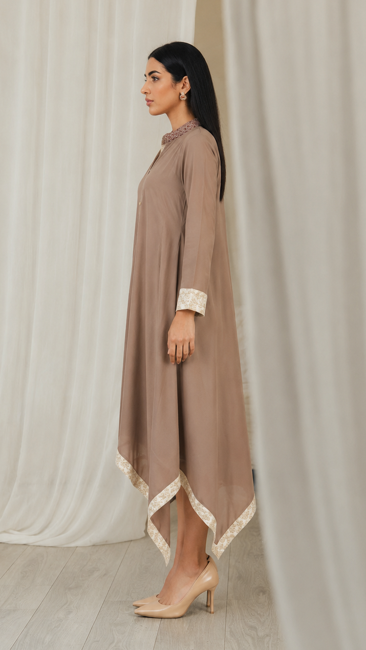 Taupe beige women’s asymmetrical kurta dress with mandarin collar, gold buttons and contrast cream border, modest Asian ethnic wear by Diya Online
