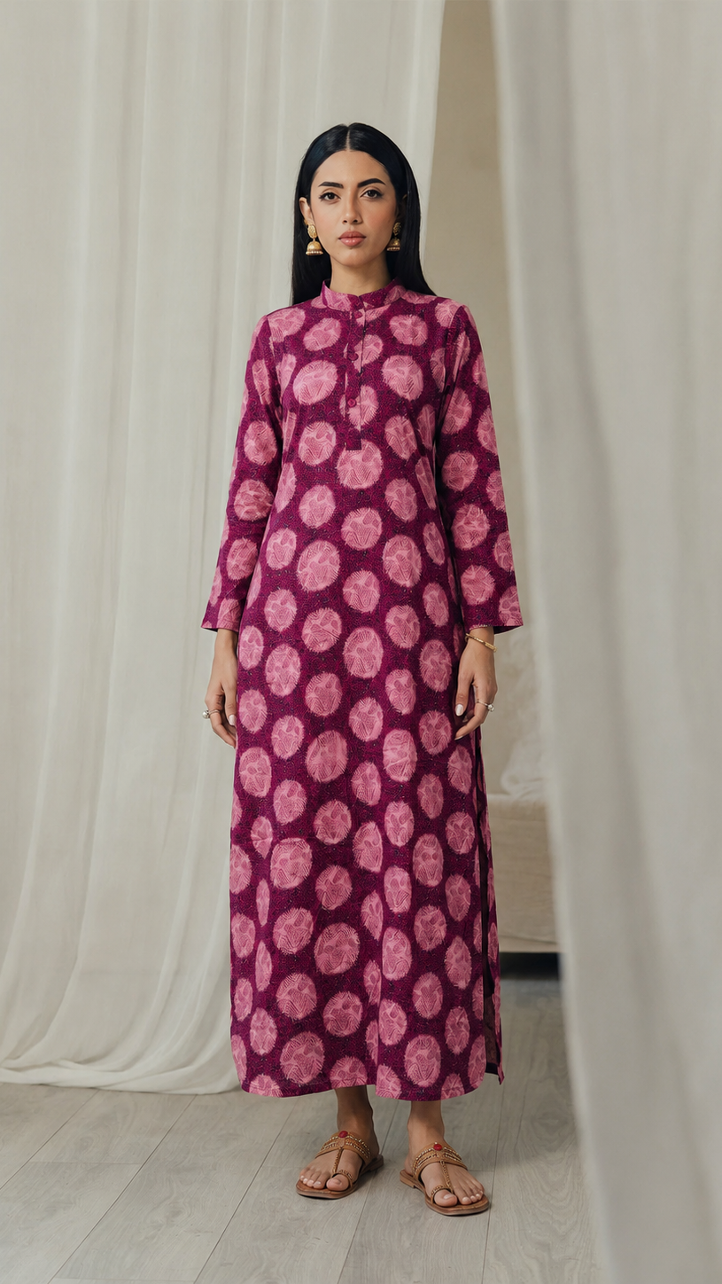 Magenta pink women’s printed kurta dress with circular tie dye pattern, mandarin collar and long sleeves, modest Asian ethnic wear by Diya Online