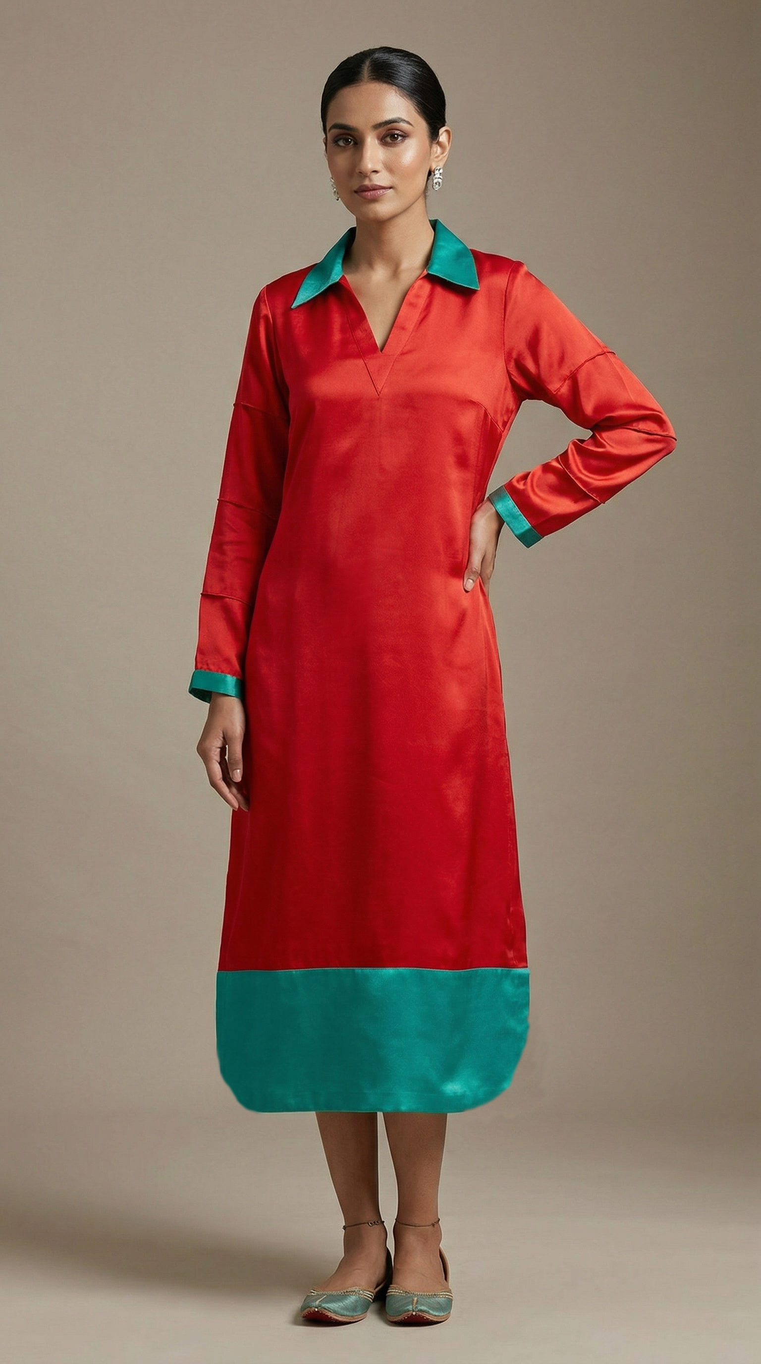 red and teal dress Cyan & Red Flame Cascading Dress