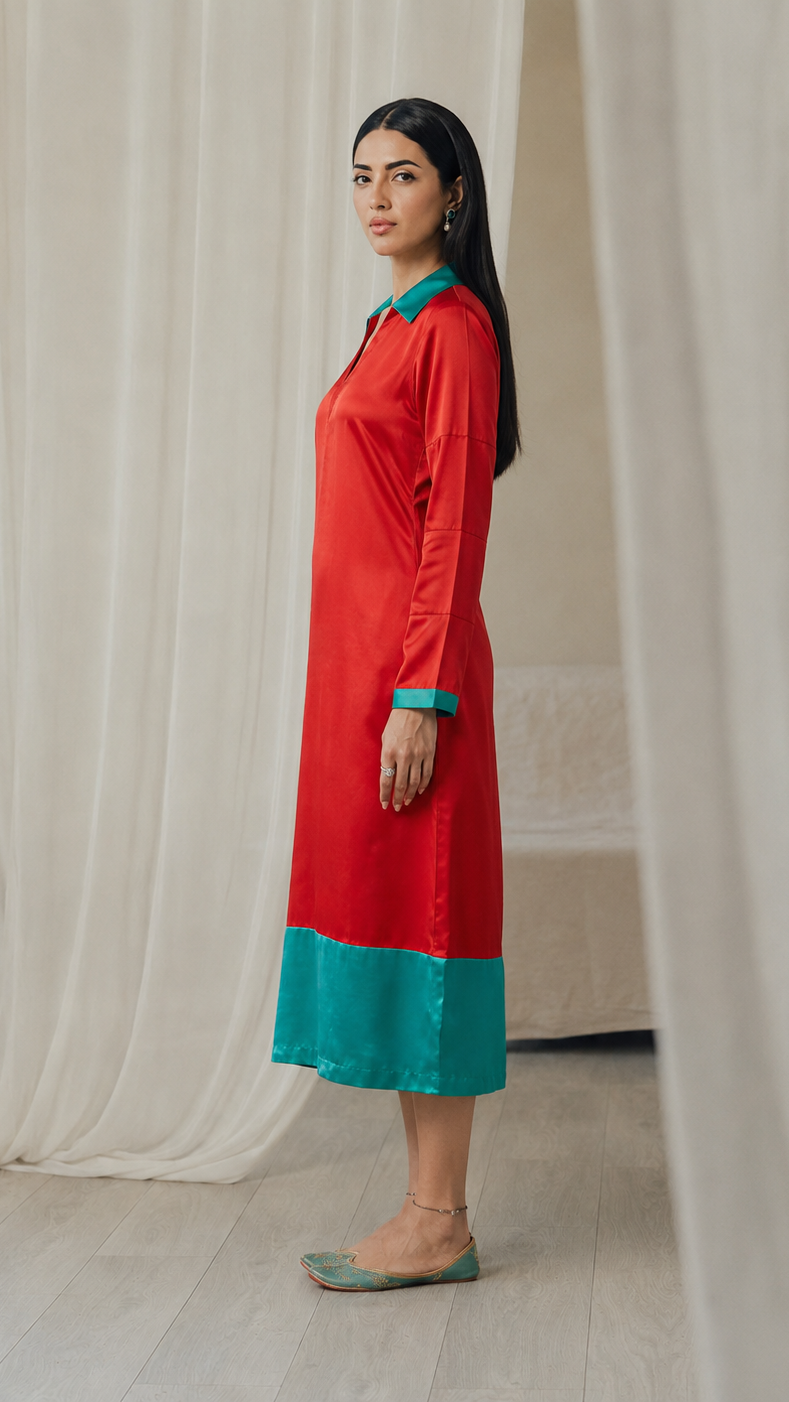 Red women’s satin kurta dress with teal green collar, cuff and hem trim, long sleeves and V-neck design, elegant Asian ethnic wear by Diya Online