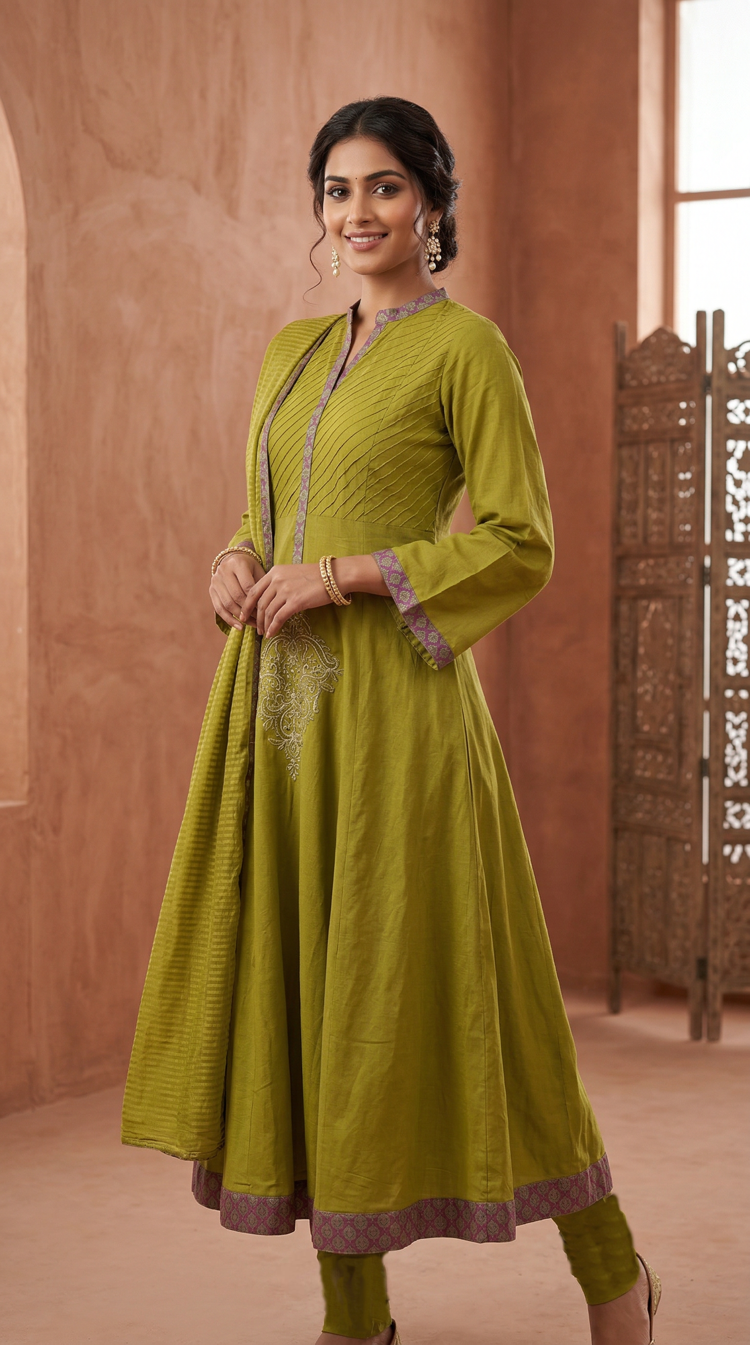 Mehendi Green Linen Flare Dress Set with Dupatta