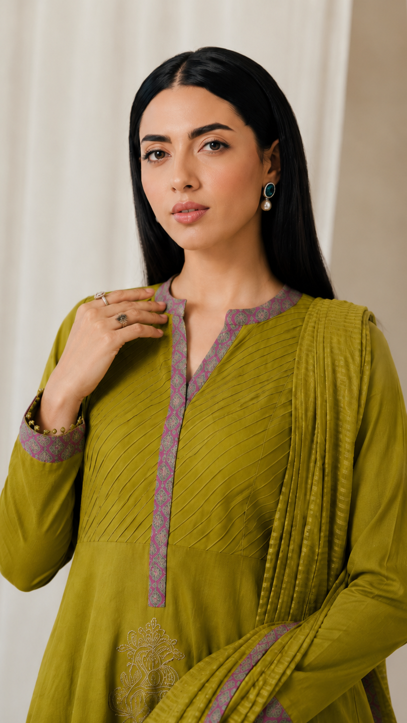 Olive green women’s embroidered Anarkali salwar kameez suit with matching trousers and dupatta, elegant Asian ethnic wear by Diya Online