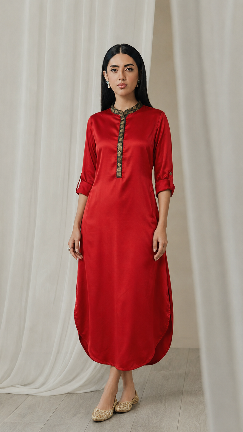 Red women’s satin kurta dress with black embroidered mandarin collar, gold placket detail and roll-up sleeves, elegant Asian ethnic wear by Diya Online