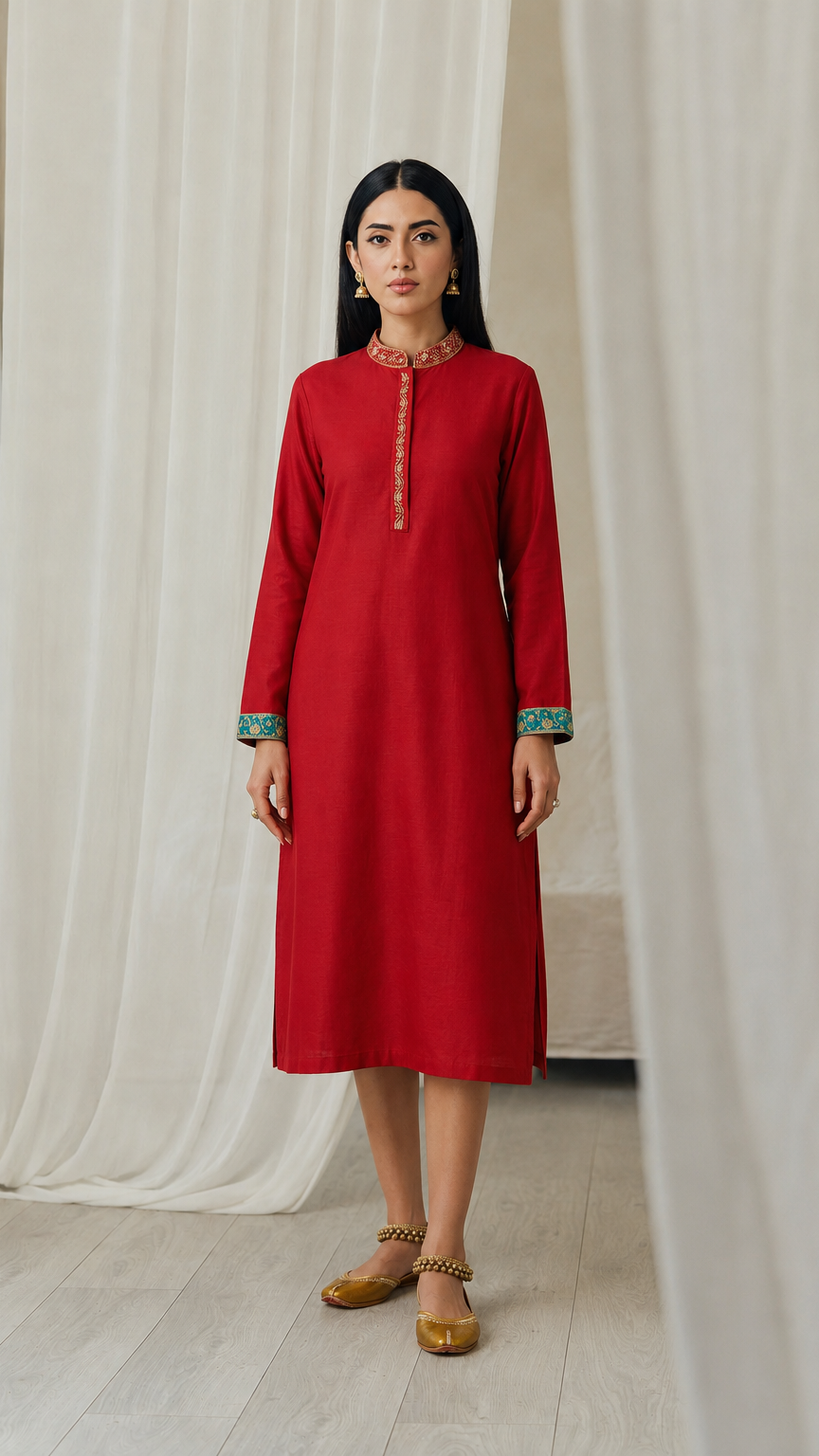 Red women’s kurta dress with embroidered mandarin collar, gold placket detail and teal cuff trim, modest Asian ethnic wear by Diya Online