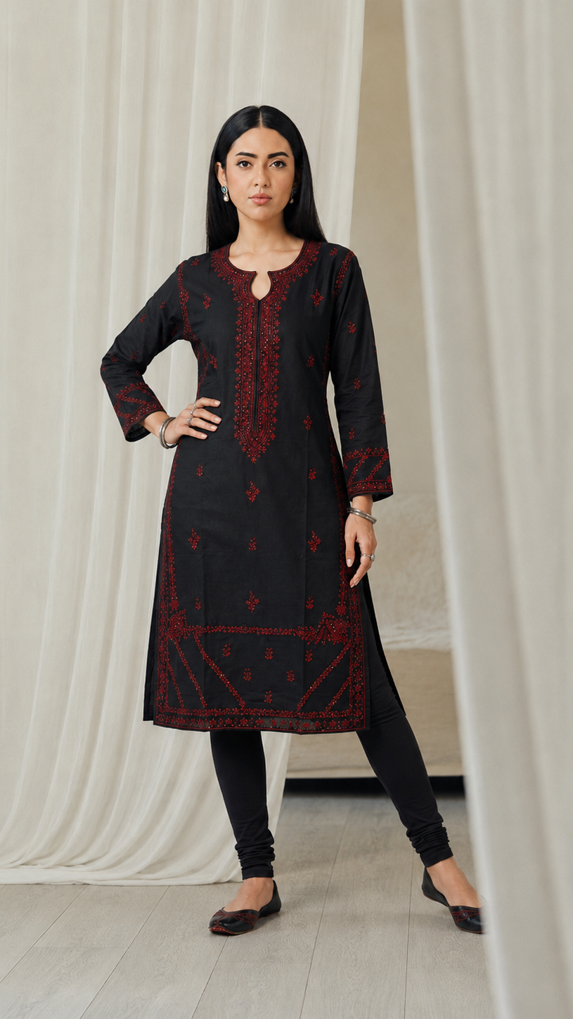 Black women’s embroidered kurta with red threadwork, keyhole neckline, long sleeves and matching black churidar leggings, modest Asian ethnic wear by Diya Online