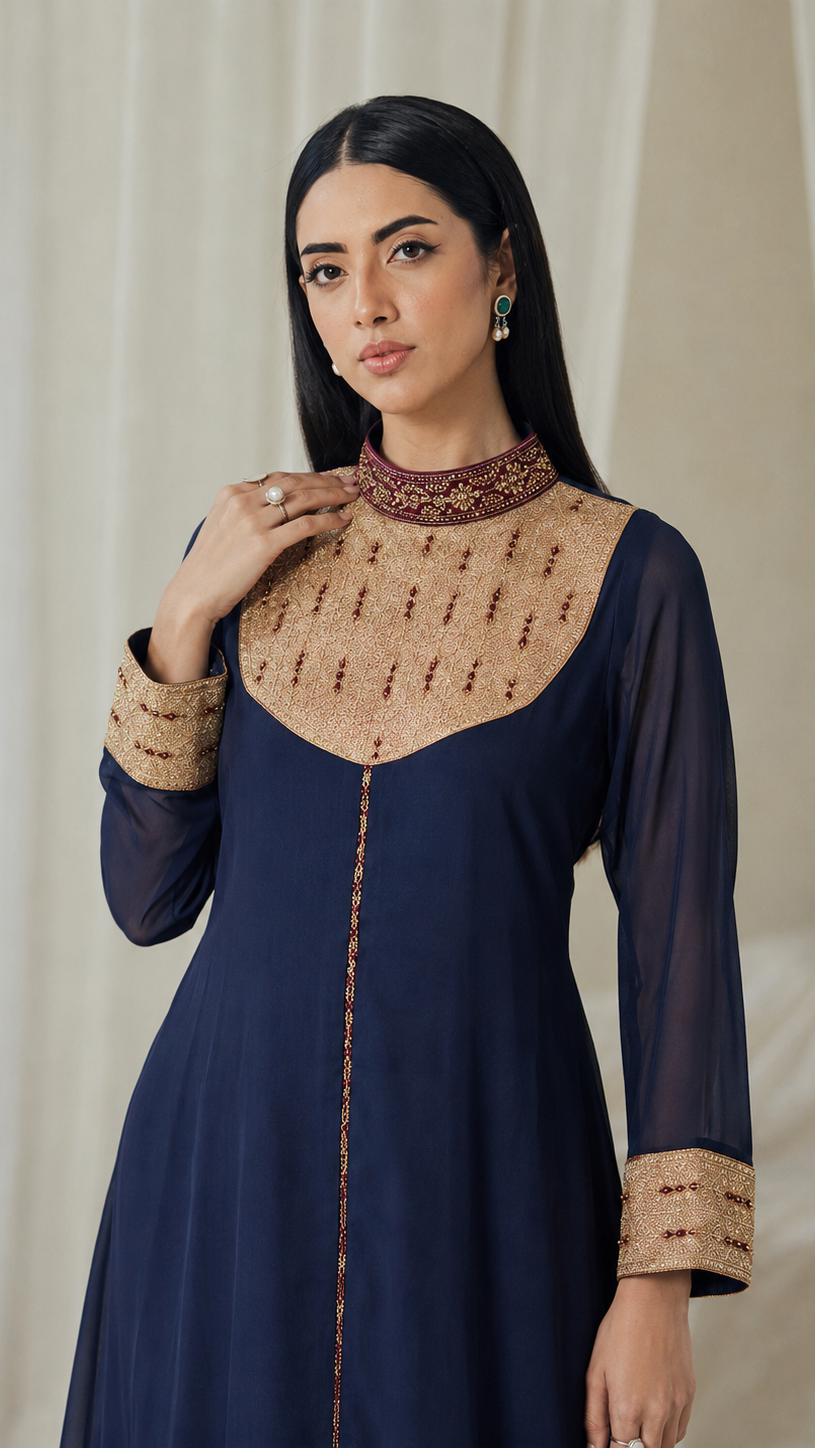 Navy blue women’s embroidered Anarkali kurta dress with sheer sleeves, gold yoke detailing and high neck collar, elegant Asian ethnic wear by Diya Online
