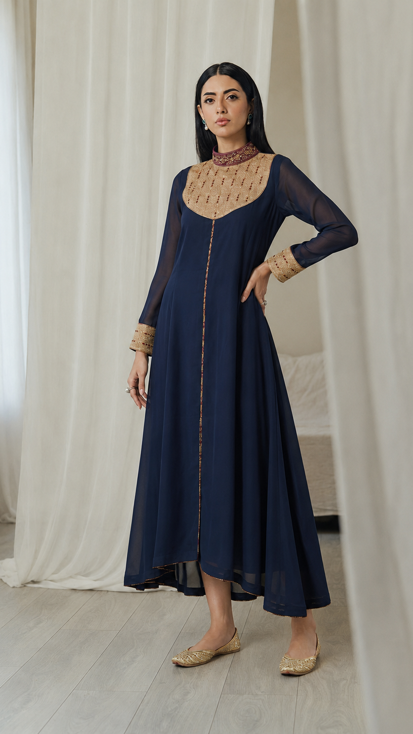 Navy blue women’s embroidered Anarkali kurta dress with sheer sleeves, gold yoke detailing and high neck collar, elegant Asian ethnic wear by Diya Online