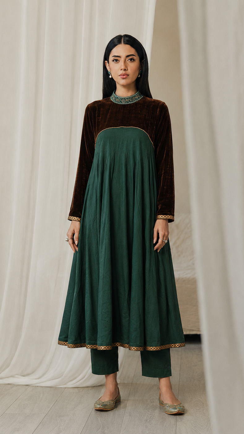 Dark green women’s Anarkali kurta dress with brown velvet yoke, embroidered high neck and gold border, modest Asian ethnic wear by Diya Online