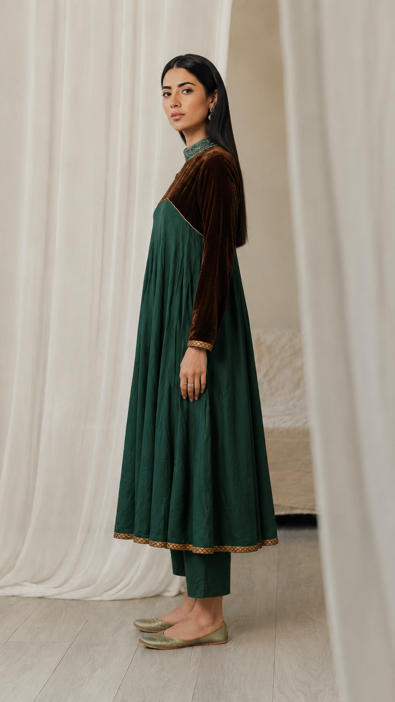 Dark green women’s Anarkali kurta dress with brown velvet yoke, embroidered high neck and gold border, modest Asian ethnic wear by Diya Online