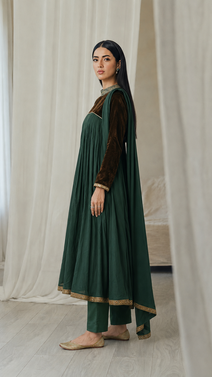 Dark green women’s Anarkali salwar kameez suit with brown velvet yoke, embroidered collar, matching trousers and dupatta, elegant Asian ethnic wear by Diya Online