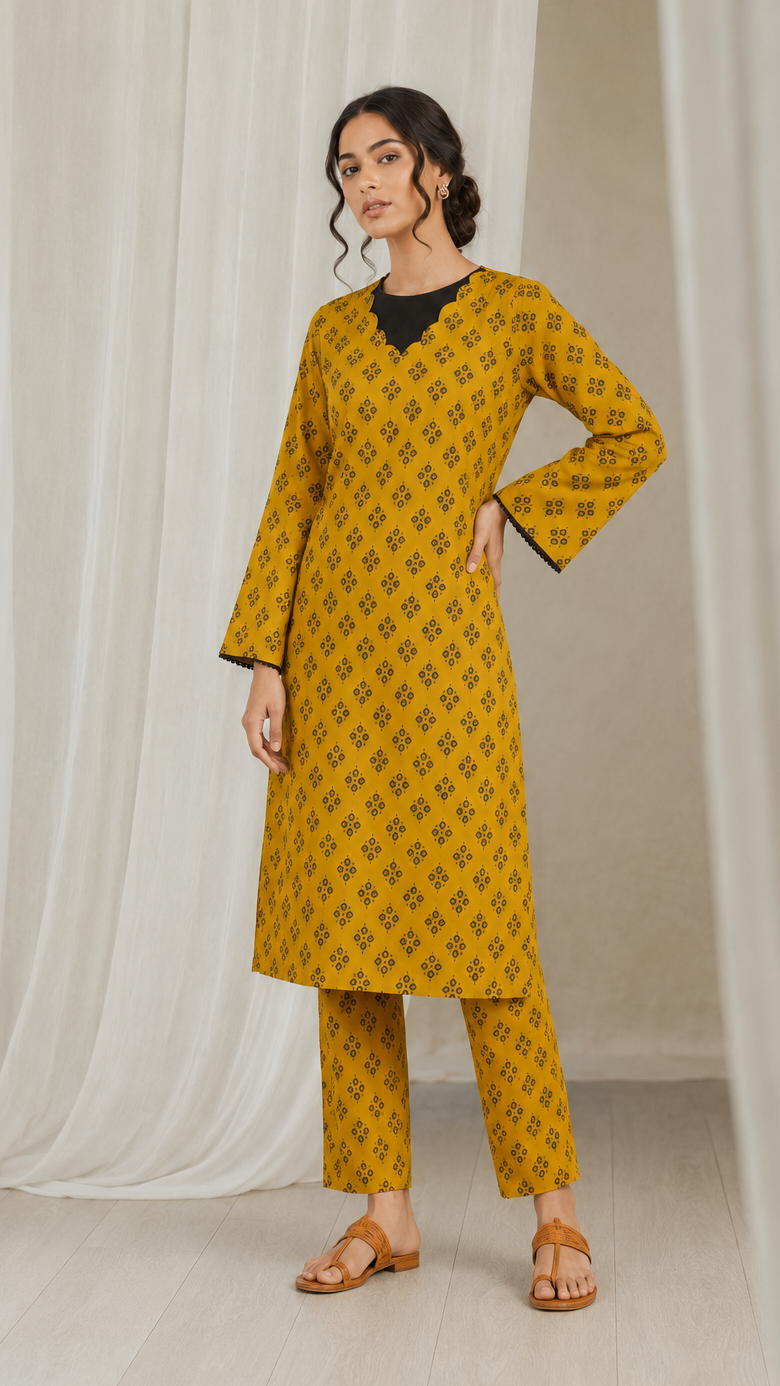 Mustard yellow women’s printed kurta trouser set with black block print pattern, flared sleeves and matching trousers, modest Asian ethnic wear by Diya Online