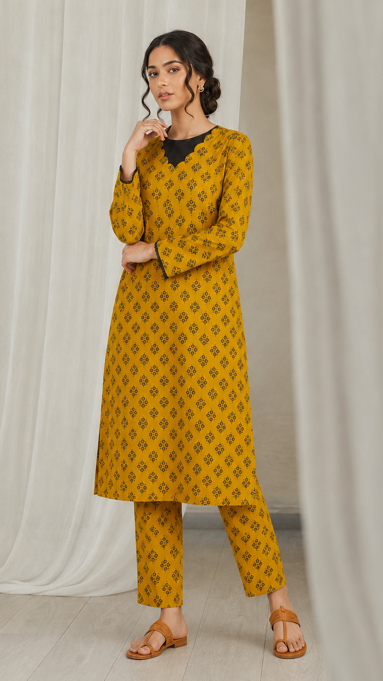 Mustard yellow women’s printed kurta trouser set with black block print pattern, flared sleeves and matching trousers, modest Asian ethnic wear by Diya Online