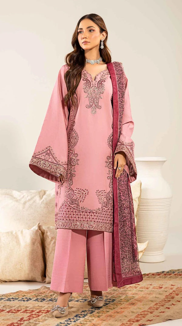 Pink Embroidered Loom Net Suit with Printed Dupatta