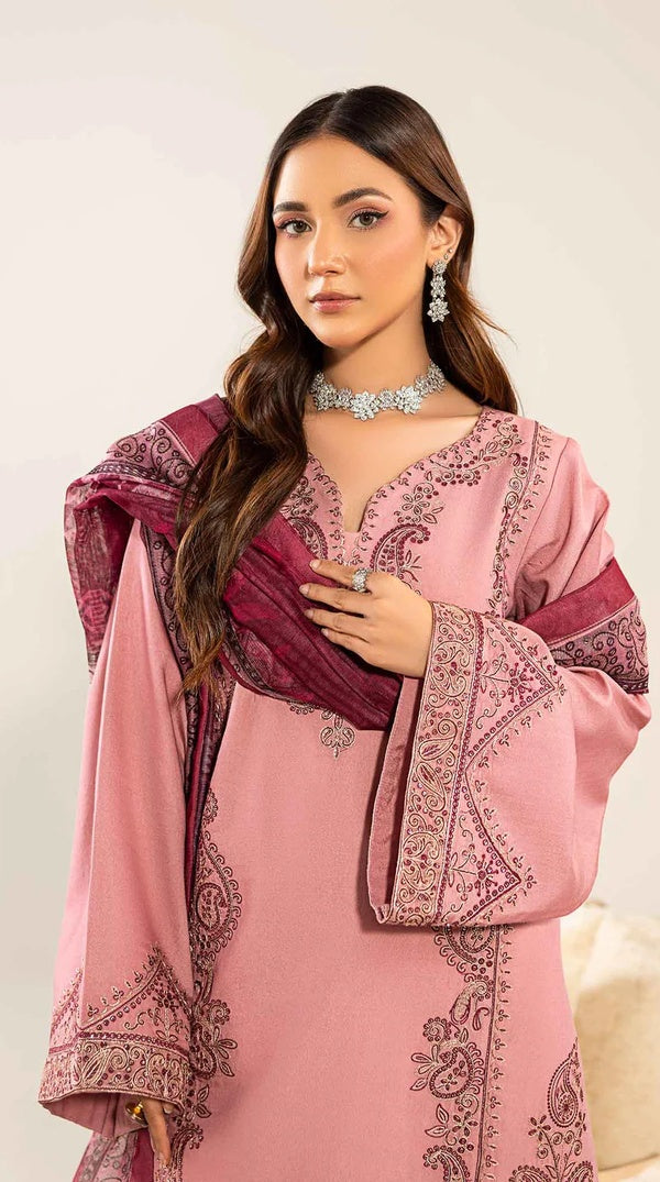 Pink Embroidered Loom Net Suit with Printed Dupatta