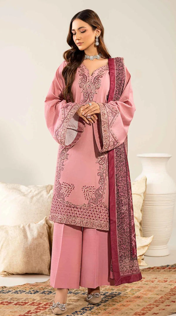 Pink Embroidered Loom Net Suit with Printed Dupatta