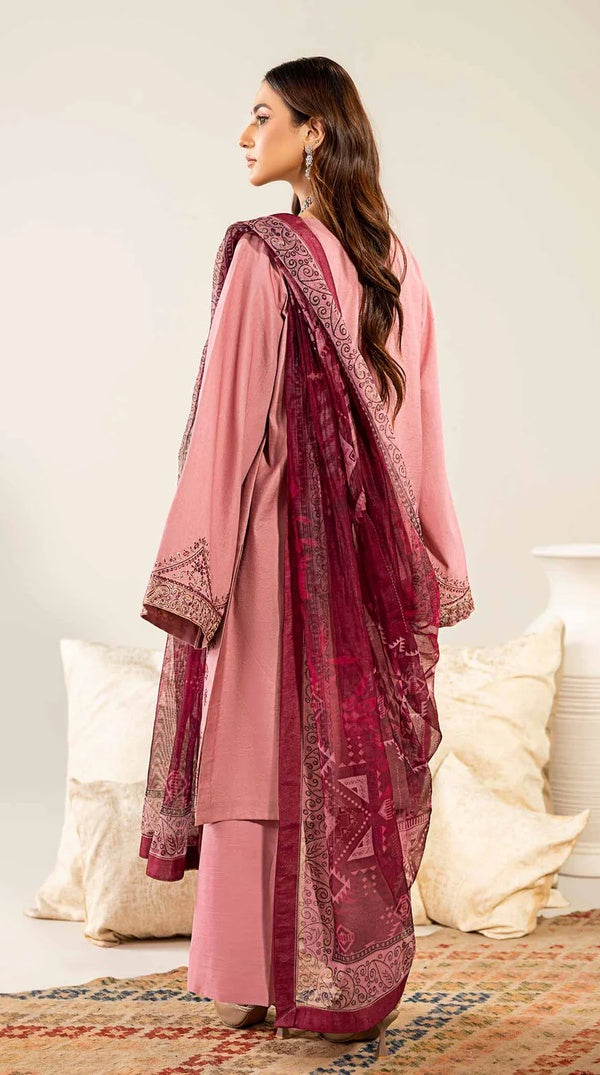Pink Embroidered Loom Net Suit with Printed Dupatta
