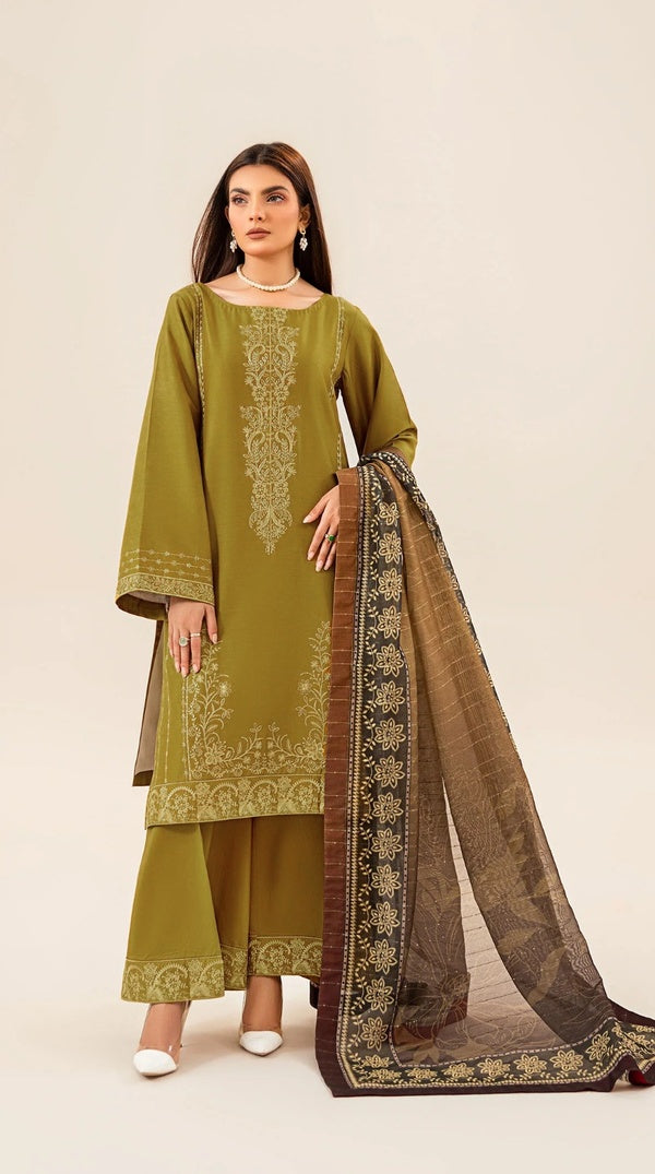 Olive Green Embroidered Pakistani Viscose Kameez Suit