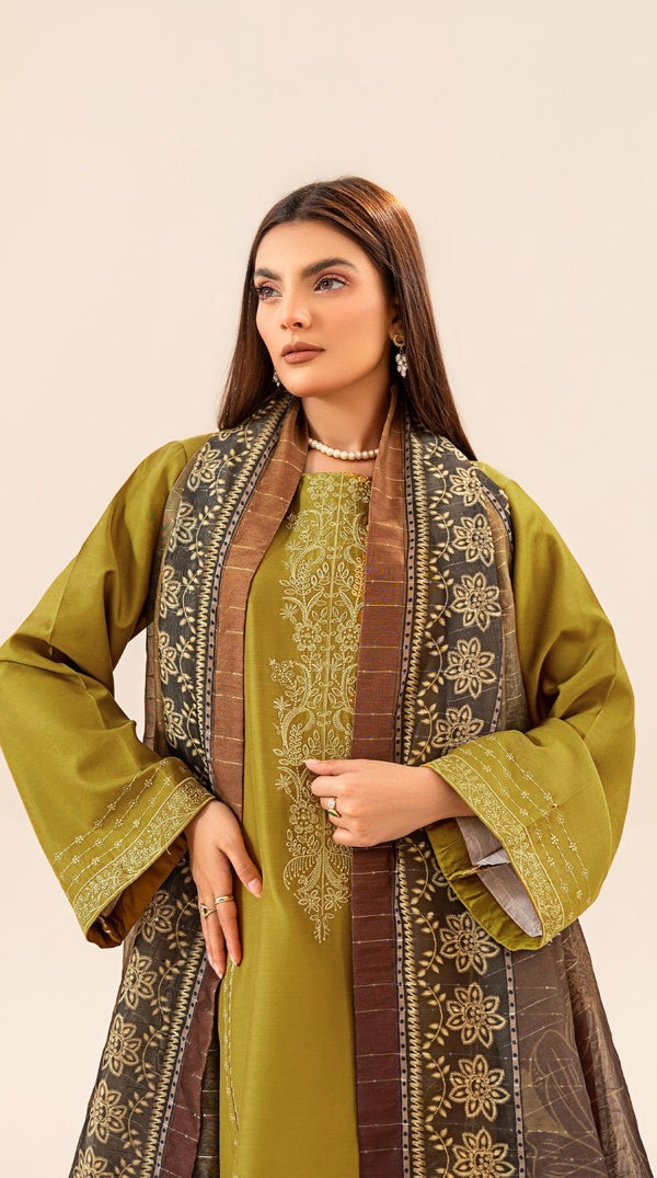 Olive Green Embroidered Pakistani Viscose Kameez Suit